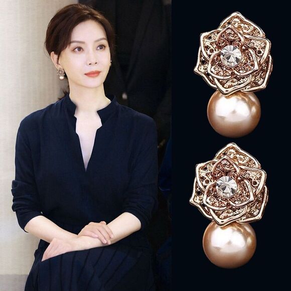 Textured Bronze Floral Stud Earrings with Faux Pearl Drop Classic Elegant - Picture 4 of 10